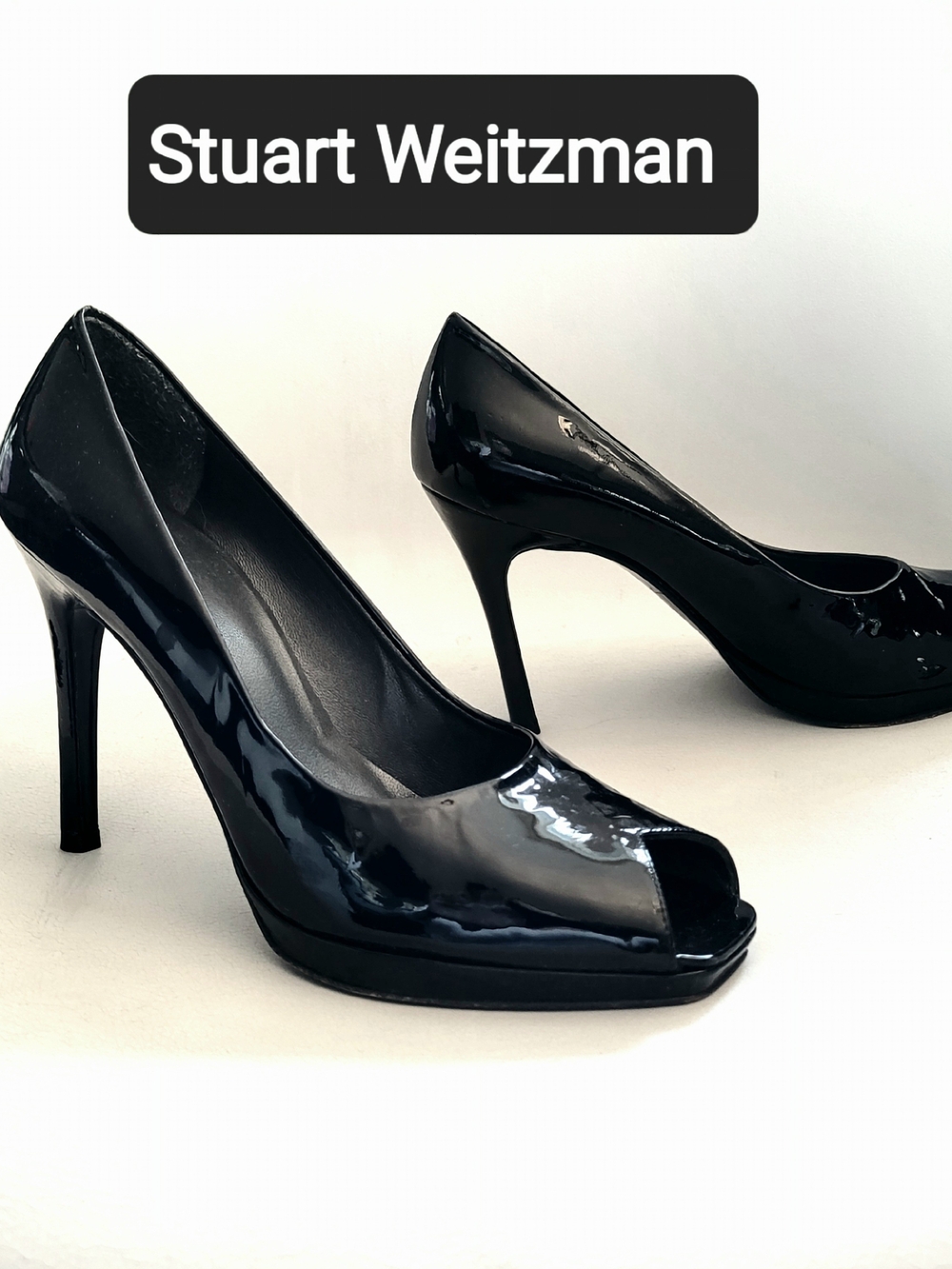Stuart Weitzman Black Patent Peep-Toe Pumps